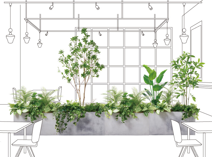 オープンスペースの植栽レイアウトとグリーンパーテーションによるゾーニング事例